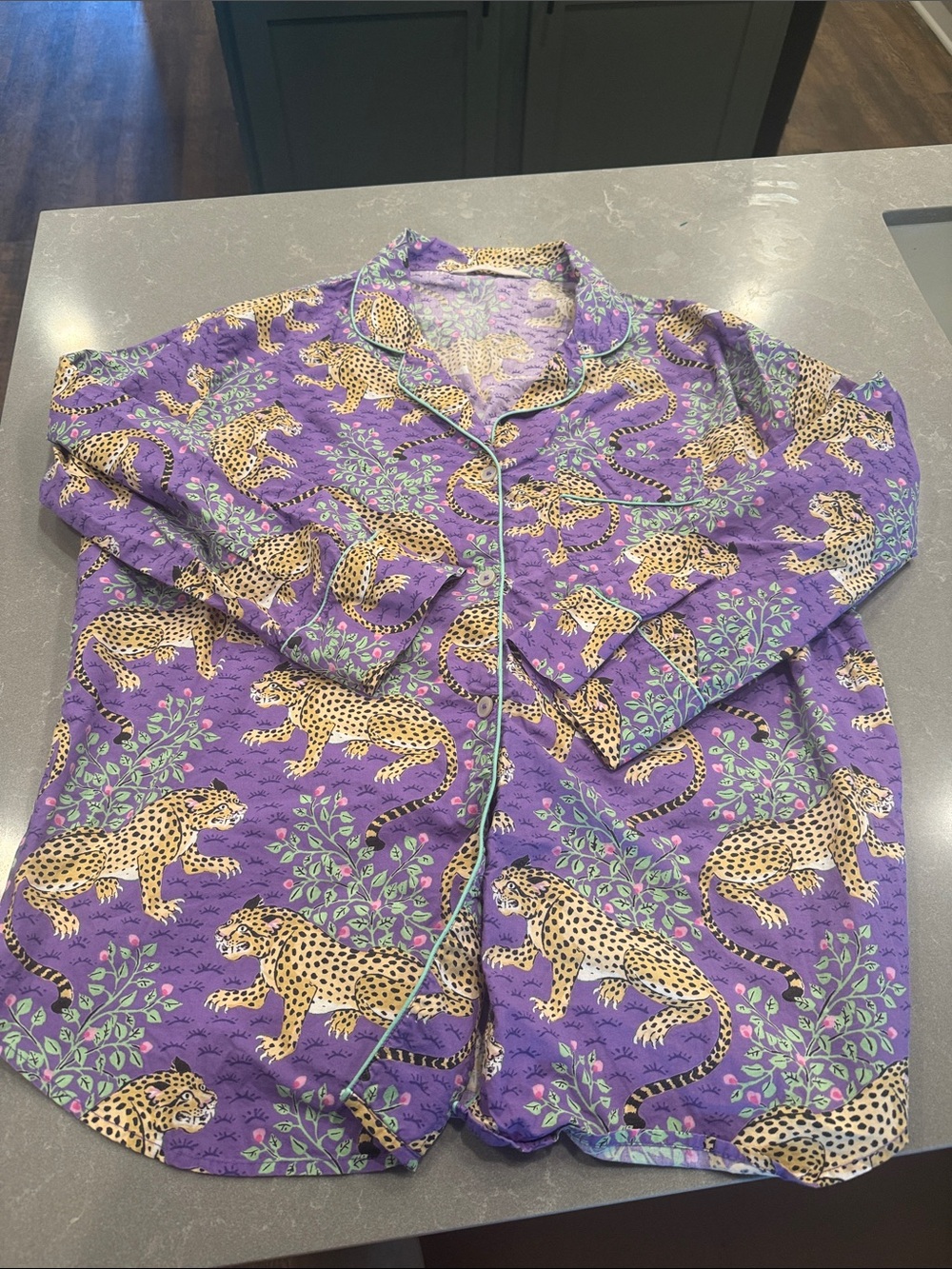 Printfresh Purple Leopard-Print Pajama Top with Yellow Spots and Green Accents